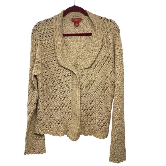 Sundance Sweaters - Sundance Tan Crochet Bohemian Snap Front Demure Cardigan Sweater Women’s XL